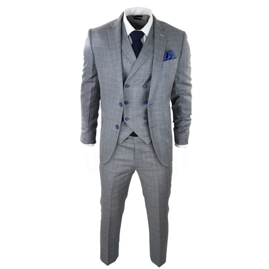 Men's Light Grey 3 Piece Suit Blue Check Double Breast Waistcoat Office Wedding Prom