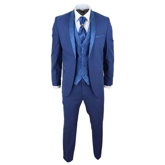 Sal-Yaica - Men's 4 Piece Wedding Suit Groom Shawl Collar Blue Cravat