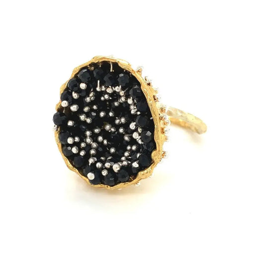 Dance of Stamens Medium Ring, Gold Plate Hollow Bezel with Black Spinel