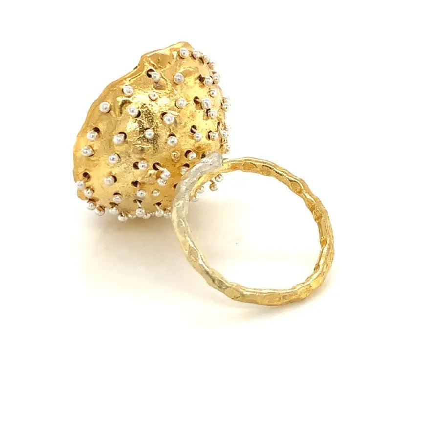 Dance of Stamens Medium Ring, Gold Plate Hollow Bezel with Black Spinel