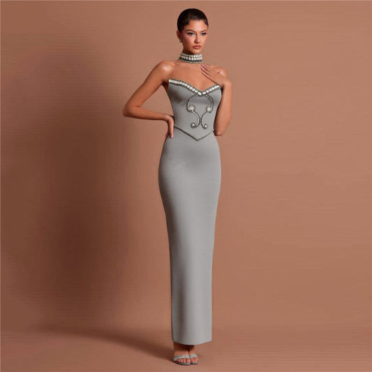 New Solid Color Refined Rhinestone Tube Top Bandage One-piece Dress