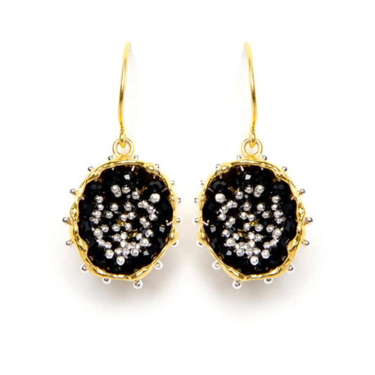 Dance of Stamens Medium Earring, Gold Plated Hollow Bezel with Black Spinel