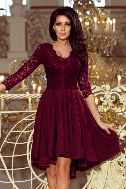 Numoco 210-13 NICOLLE - dress with longer back with lace neckline - plum