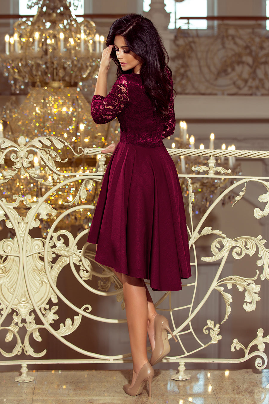 Numoco 210-13 NICOLLE - dress with longer back with lace neckline - plum