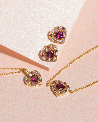 Red Heart Rhodolite Garnet Jewellery Set in 18k Gold Vermeil