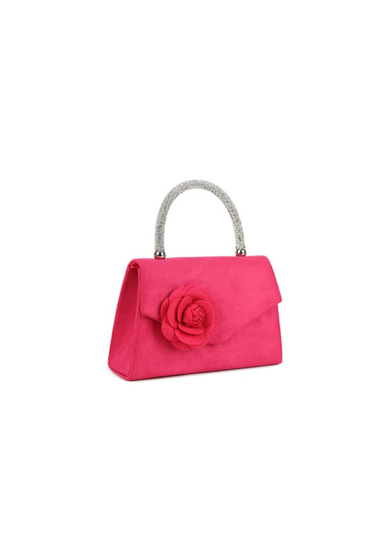 Fuchsia Suedette Flower Embellished Evening Bag