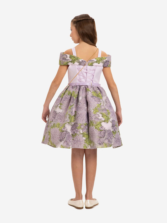 DRESS & Fleur Girls Jacquard Dress with Bag in Purple