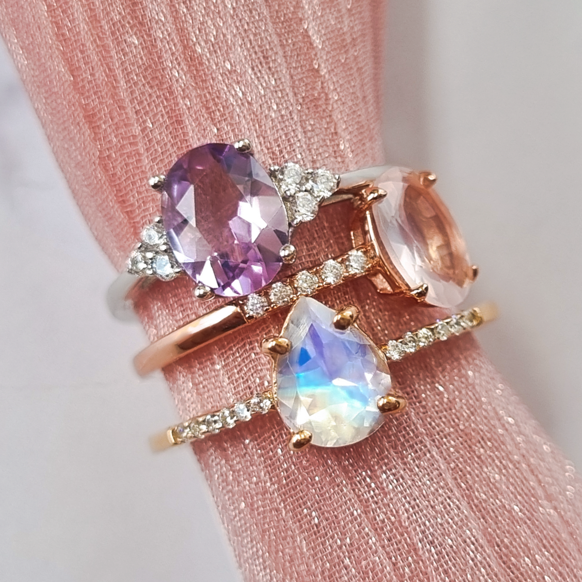 Rainbow Moonstone Ring in Rose Gold Vermeil