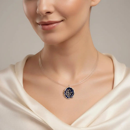 Dance of Stamens Necklace Midi, Silver Hollow Bezel with Lapis Lazuli