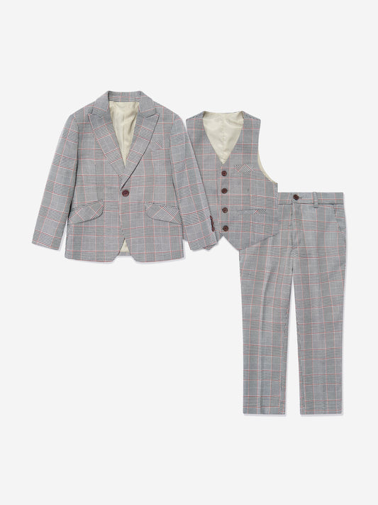 SUITLAB London Boys Checked 3 Piece Suit Set in Grey