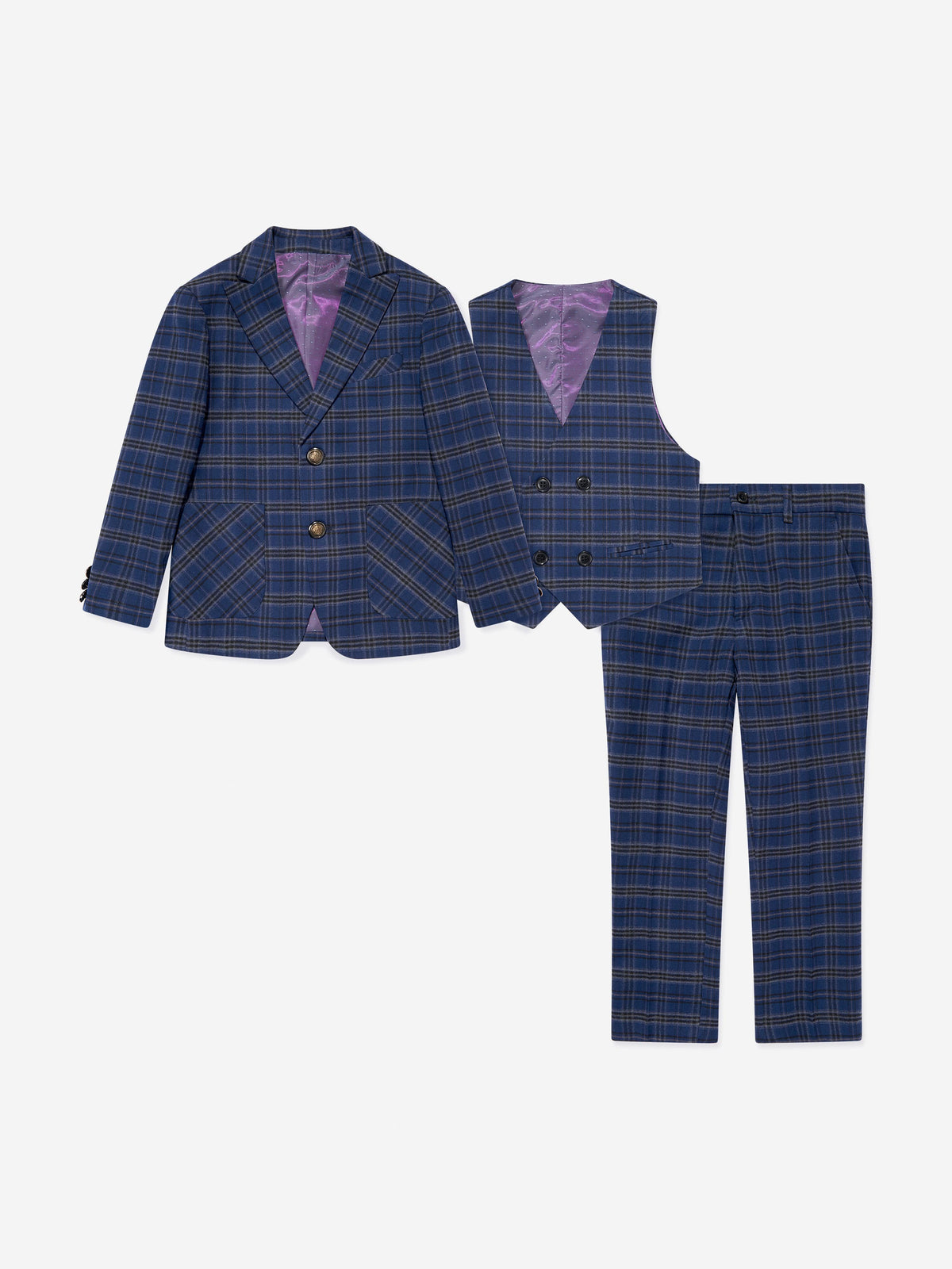 SUITLAB London Boys Checked 3 Piece Suit Set in Navy