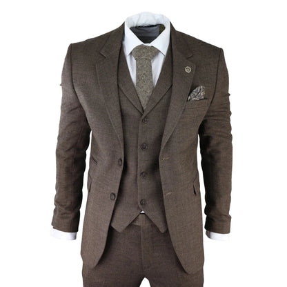 AK-06 - Men's Herringbone Tweed Brown 3 Piece Suit Wedding Blinders