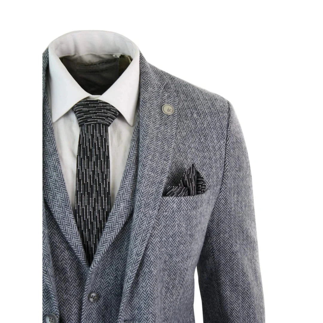 STZ11 - Men's Light Grey 3 Piece Tweed Suit Herringbone Wool