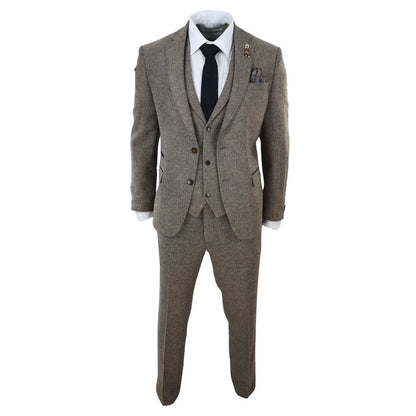 281-03 - Men's Oak 3 Piece Tweed Suit Herringbone Wool Fit