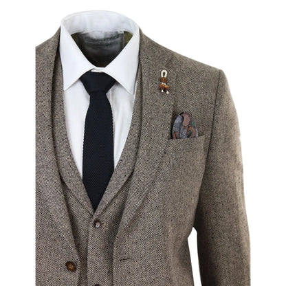 281-03 - Men's Oak 3 Piece Tweed Suit Herringbone Wool Fit