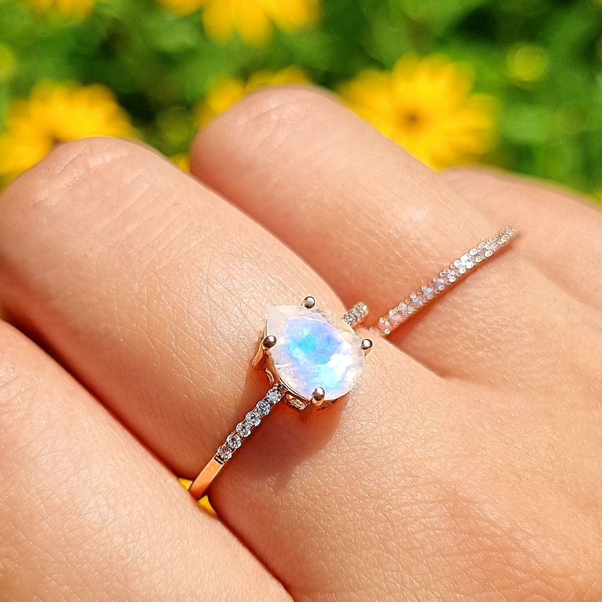 Rainbow Moonstone Ring in Rose Gold Vermeil