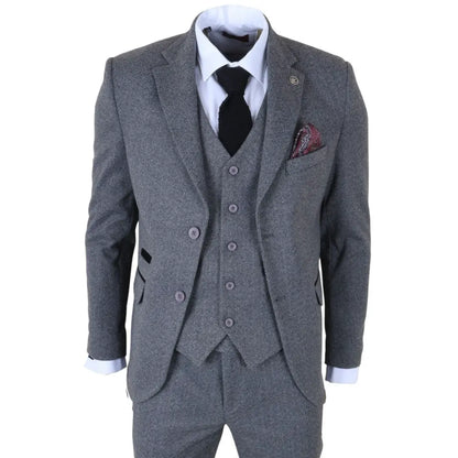 IM41 - Men's Grey 3 Piece Tweed Herringbone Suits