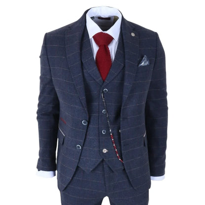 TP-32 - Men's Navy Blue 3 Piece Wool Blend Tweed Suit