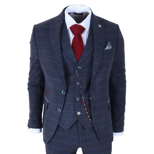 TP-32 - Men's Navy Blue 3 Piece Wool Blend Tweed Suit