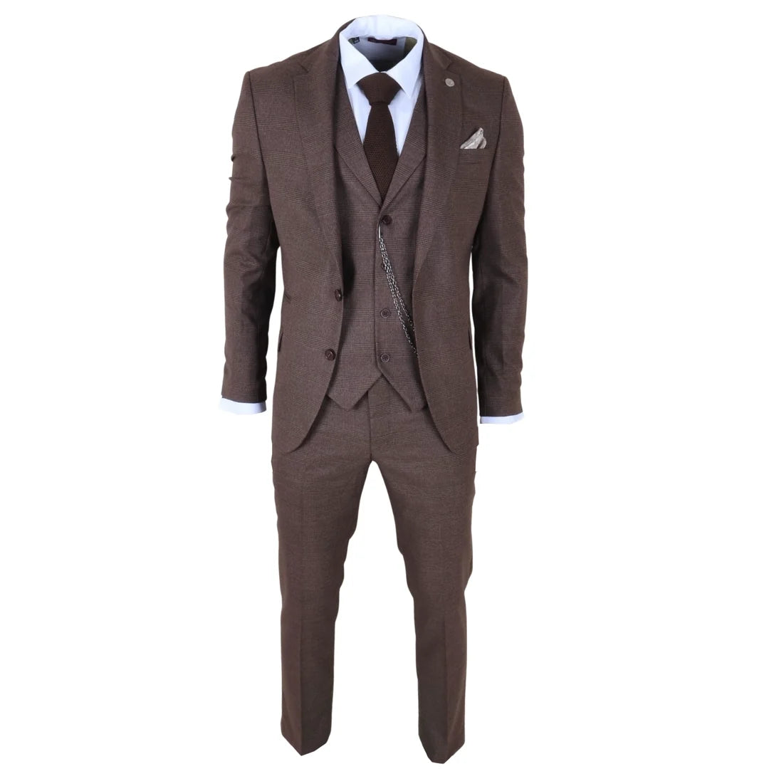 TP-50 - Men's Brown 3 Piece Prince Of Wales Check Suit