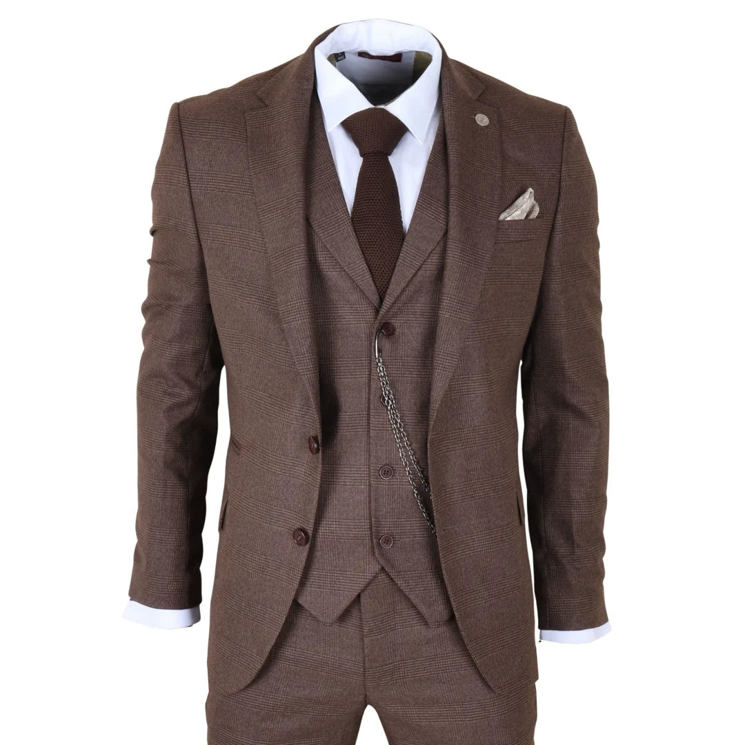 TP-50 - Men's Brown 3 Piece Prince Of Wales Check Suit