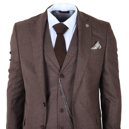 TP-50 - Men's Brown 3 Piece Prince Of Wales Check Suit