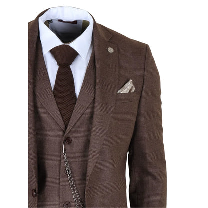 TP-50 - Men's Brown 3 Piece Prince Of Wales Check Suit