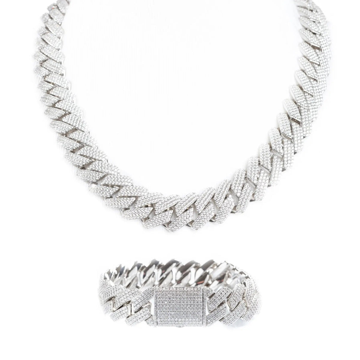 19mm Iced Prong Cuban Link Chain + Bracelet - Silver