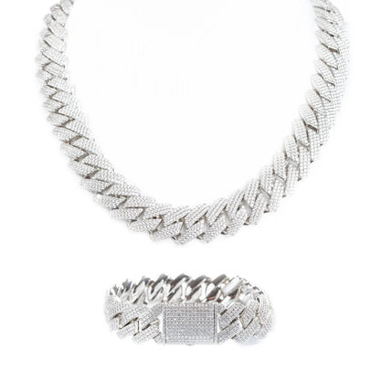 19mm Iced Prong Cuban Link Chain + Bracelet - Silver