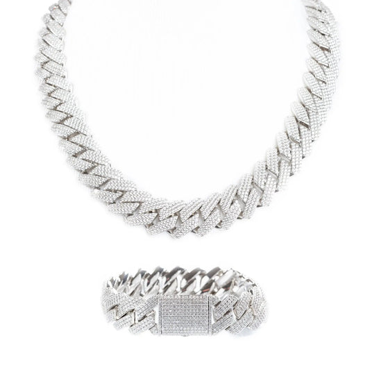 19mm Iced Prong Cuban Link Chain + Bracelet - Silver