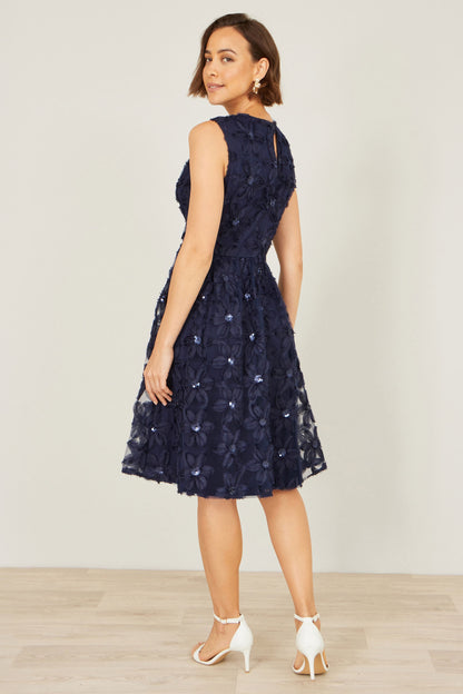 Yumi Navy Sequin Floral Applique Skater Dress