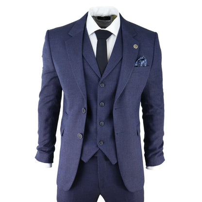 AK-04 - Men's Herringbone Tweed 3 Piece Blue Suit Wedding Blinders
