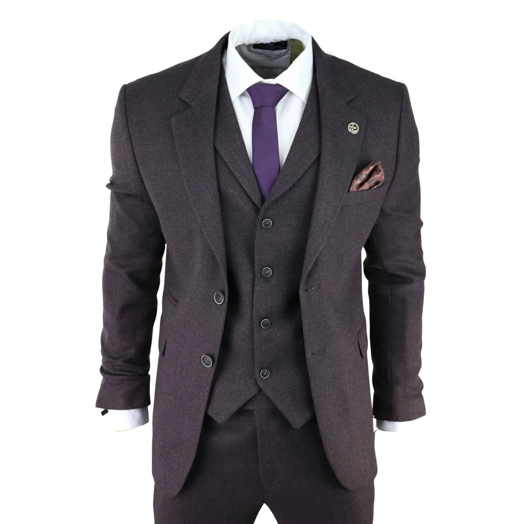 AK-05 - Men's Herringbone Tweed 3 Piece Suit Purple Plum 1920s Blinders