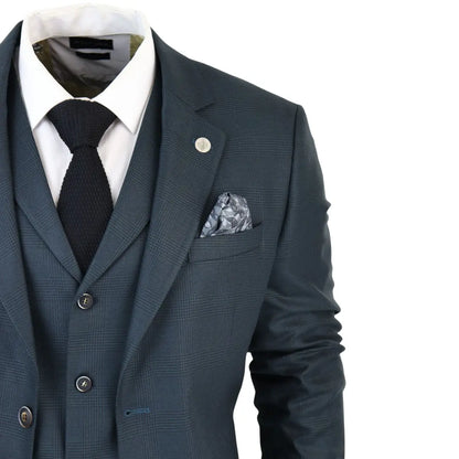 AK-07 - Men's 3 Piece Olive Check Suit