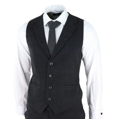 AK-11 - Men's Black Tweed 3 Piece Suit Check 1920s Gatsby Blinders