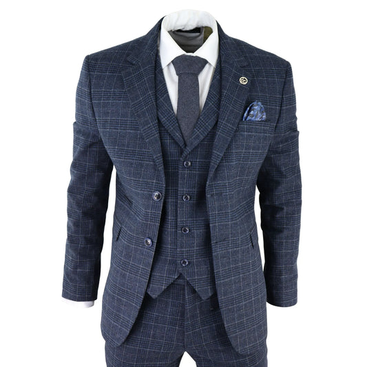 AK-13 - Men's Tweed 3 Piece Suit Blue Check 1920s Gatsby Blinders