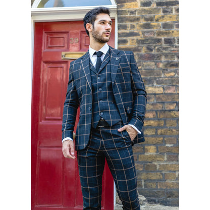 AK-15 - Men's Blue 3 Piece Suit Tan Check Classic Wedding Prom Peaky Tweed