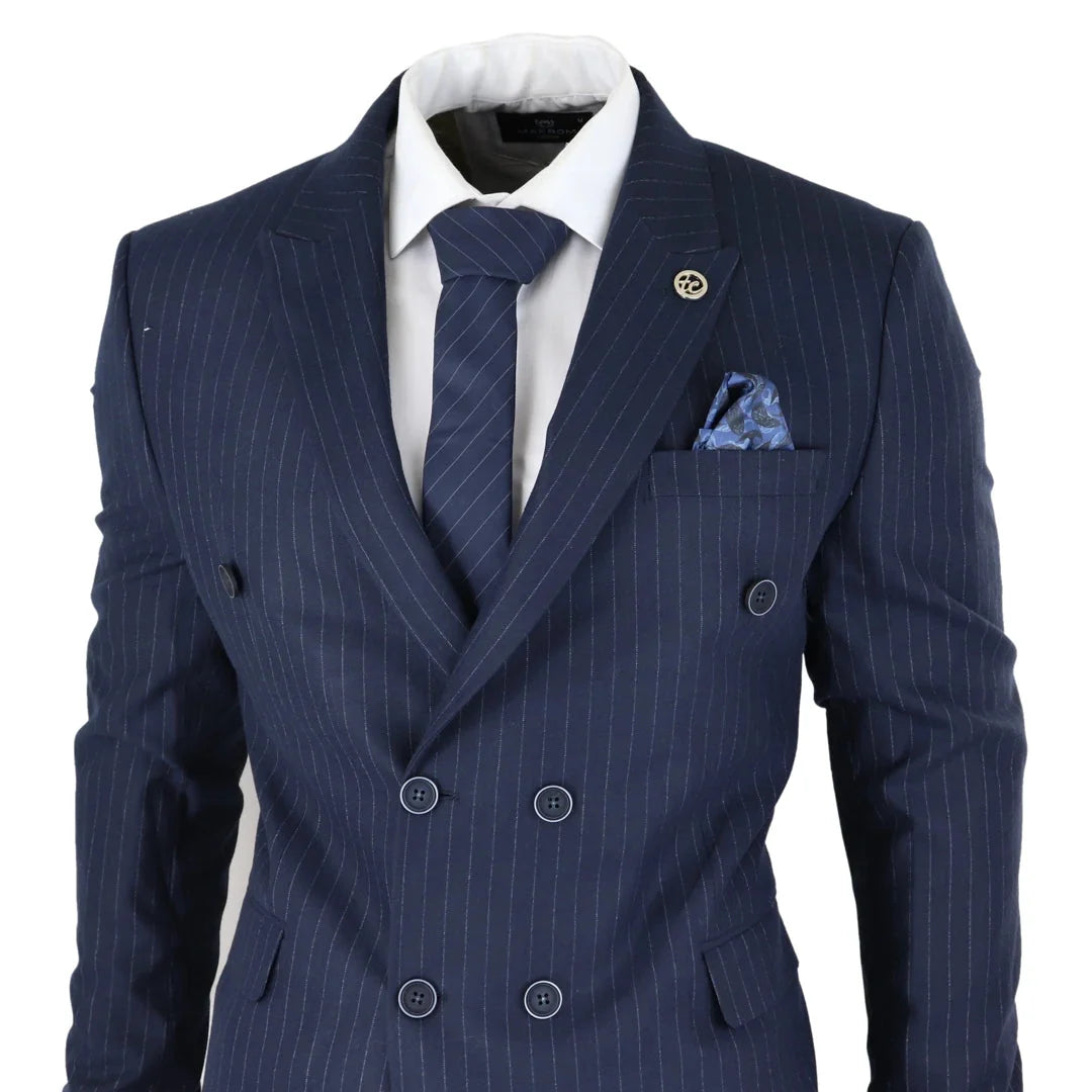 AK-16 - Men's Double Breasted Suit Navy Pinstripe 1920s Gangster Blinders Wedding