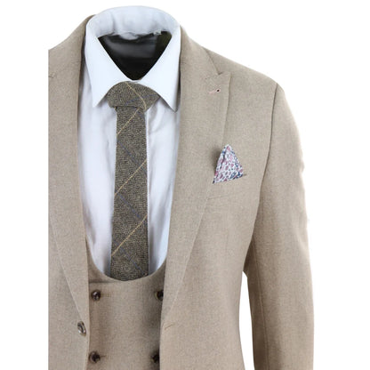 AK-23 - Men Tweed 3 Piece Suit Tan Oak Double Breasted Wedding