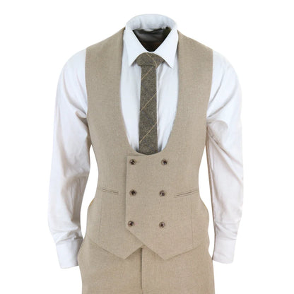 AK-23 - Men Tweed 3 Piece Suit Tan Oak Double Breasted Wedding