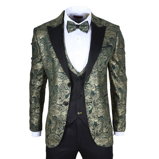 AK-28 - Men's 3 Piece Green Paisley Wedding Suit