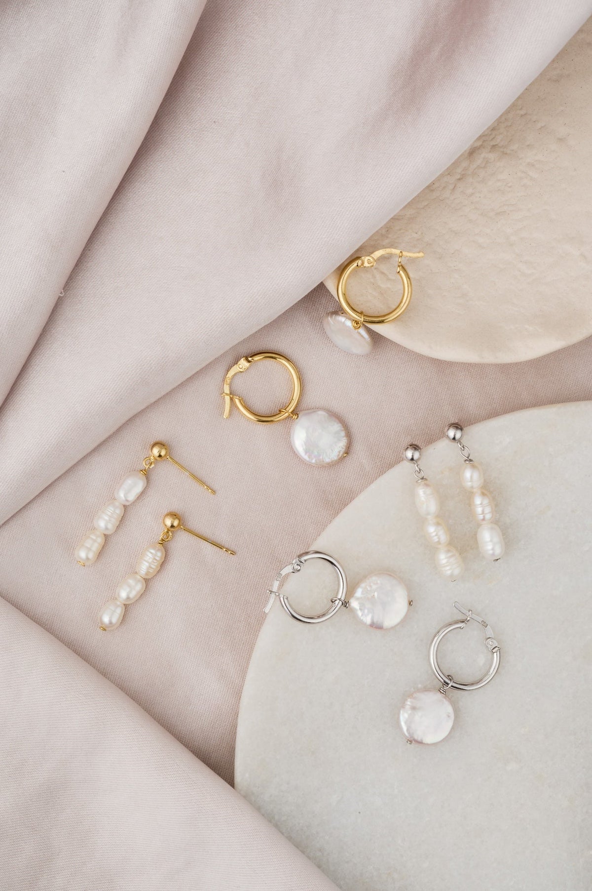 Round Pearl Drop Hoops: Silver