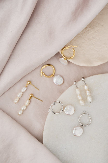 Round Pearl Drop Hoops: Silver