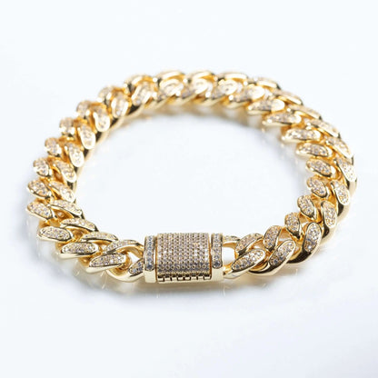 Womens 12mm Iced Miami Cuban Link Bracelet - Gold