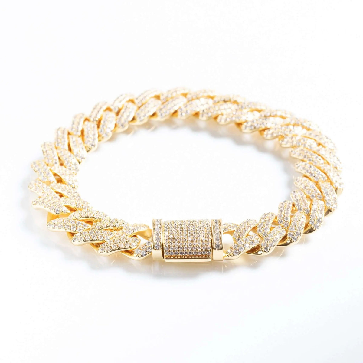 12mm Iced Prong Cuban Link Bracelet - Gold