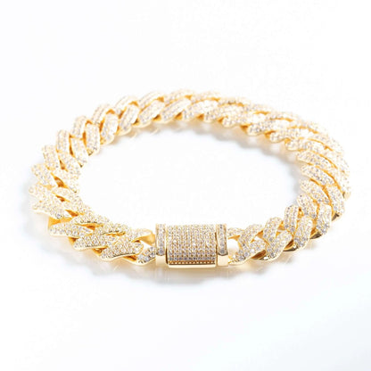 12mm Iced Prong Cuban Link Bracelet - Gold