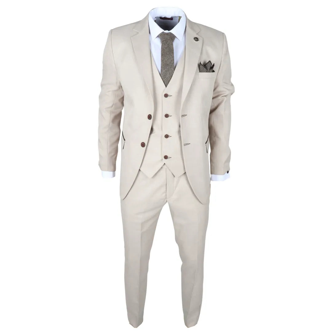 IM04 - Men's Beige 3 Piece Tailored Fit Wedding Suit