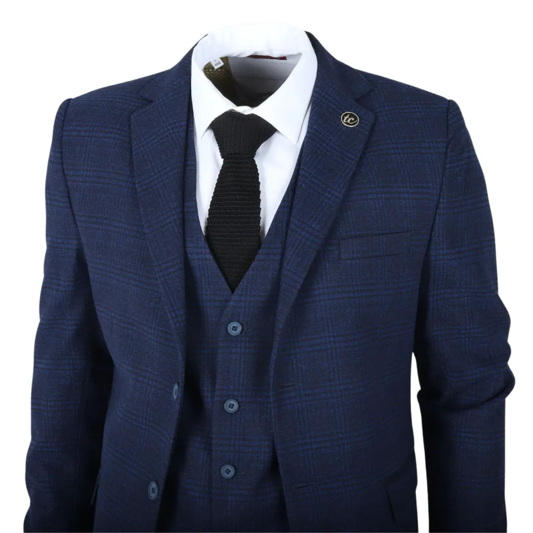 IM10 - Men's 3 Piece Navy Blue Check Suit