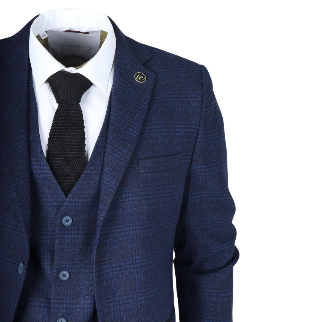 IM10 - Men's 3 Piece Navy Blue Check Suit