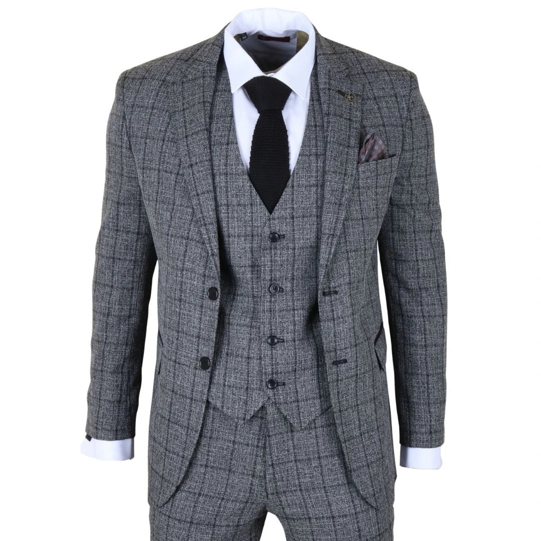 IM11 - Men's Charcoal 3 Piece Tailored Fit Check Suit